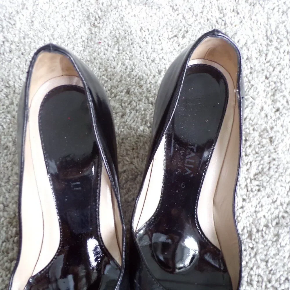 Aquatalia black patent leather peep toe wedges 6